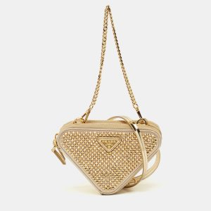 Prada Gold Leather and Satin Crystal Embellished Mini Triangle Pouch, Clutches & Special Occasion Bags - Luxury Closet