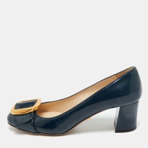 Prada Navy Blue Patent Leather Buckle Block Heel Pumps Size 36.5, Pumps - Luxury Closet