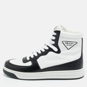Prada White/Black Leather and Nylon New Avenue High Top Sneakers Size 37.5, Athletic Shoes & Sneakers - Luxury Closet