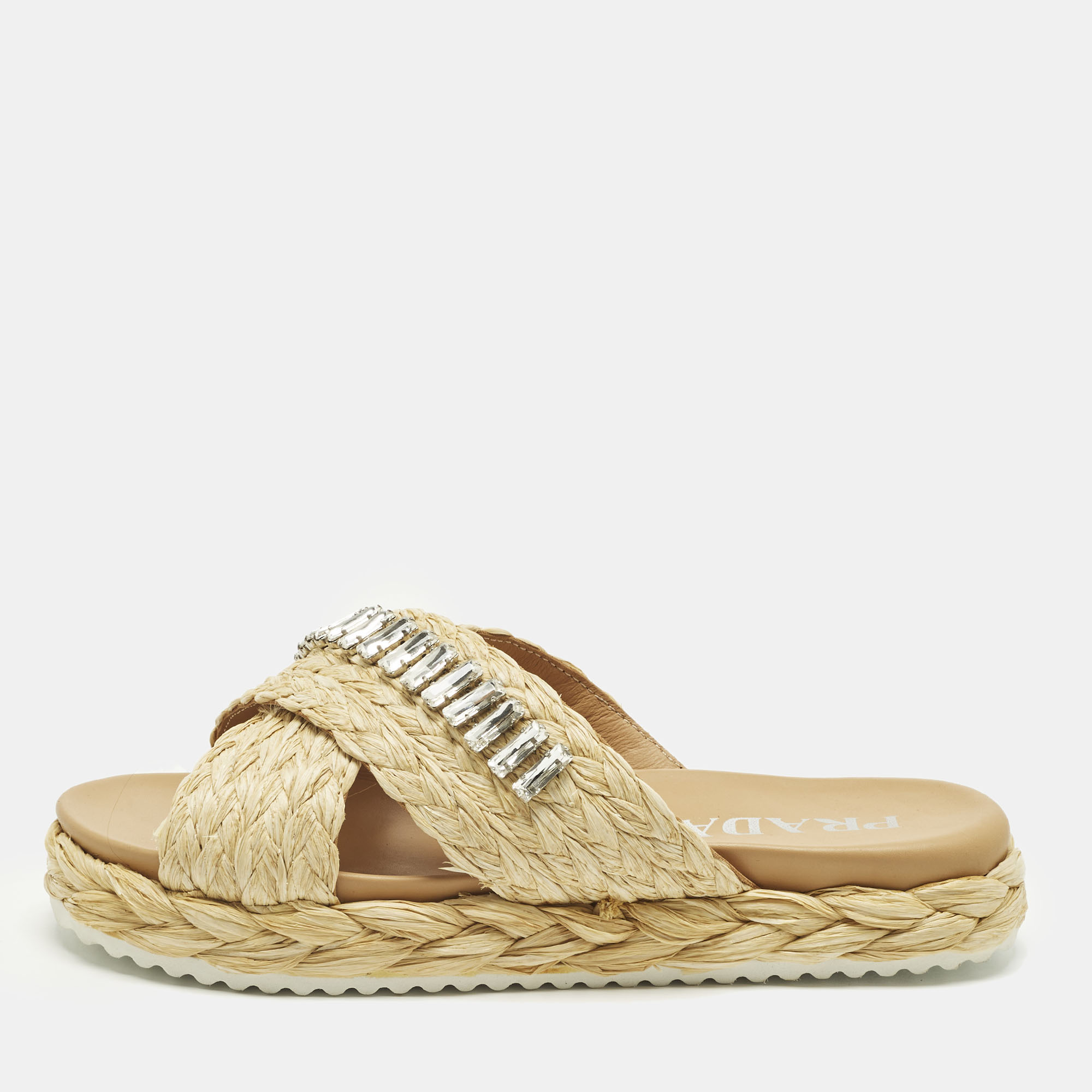 Prada Size 36 Beige Raffia Crisscross Crystal Embellished Flat Slides, Sandals - Luxury Closet