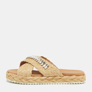Prada Beige Raffia Crystal Embellished Platform Slide Sandals Size 36, Sandals - Luxury Closet