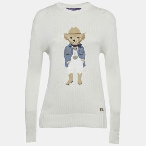 Polo Ralph Lauren Ivory Suede Teddy Applique Knit Sweater XS, Sweaters & Cardigans - Luxury Closet