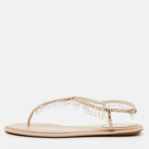 Ren&eacute; Caovilla Beige Satin Crystal Chandelier Embellished T Strap Flats Size 36.5, Flats - Luxury Closet