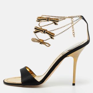 Ren&eacute; Caovilla Black Satin Crystal Embellished Ankle Strap Sandals Size 39.5, Sandals - Luxury Closet