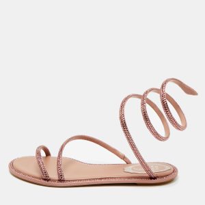 Ren&eacute; Caovilla Pink Satin Cleo Ankle Wrap Flat Sandals Size 35, Sandals - Luxury Closet