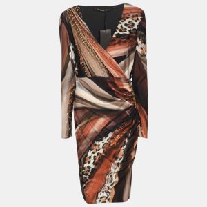 Roberto Cavalli Multicolor Animal Print Stretch Crepe Piercing Draped Midi Dress L, Dresses - Luxury Closet