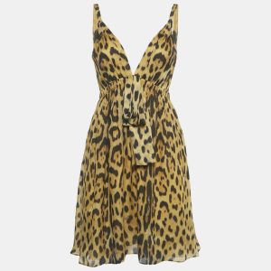 Roberto Cavalli Brown Leopard Print Silk Mini Dress M, Dresses - Luxury Closet