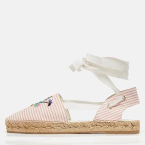 Roger Vivier Pink/White Stripe Fabric Ankle Wrap Espadrille Flats Size 40, Flats - Luxury Closet