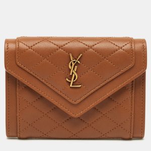 Saint Laurent Brown Quilted Leather Gaby Compact Wallet, Wallets & Money Clips - Luxury Closet