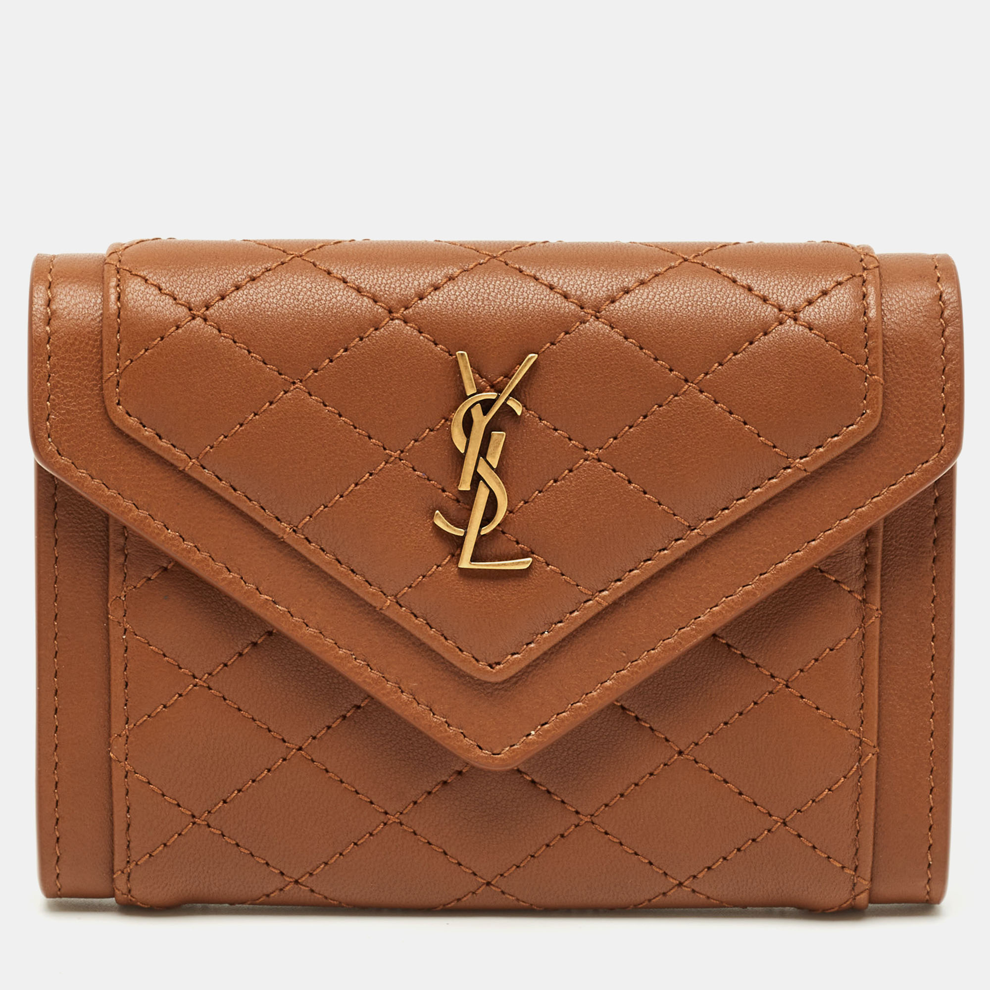 Saint Laurent Brown Quilted Leather Gaby Compact Wallet, Wallets & Money Clips - Luxury Closet