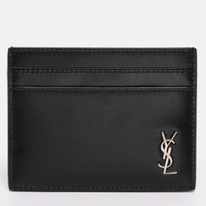 Saint Laurent Paris Cassandre Black Leather Card Holder, Wallets & Money Clips - Luxury Closet
