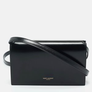 Saint Laurent Black Glossy Leather Flap Wallet On Chain, Wallets & Money Clips - Luxury Closet