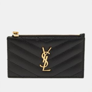 Saint Laurent Tiny Cassandre Black Matelass&eacute; Leather Zipped Card Holder, Wallets & Money Clips - Luxury Closet
