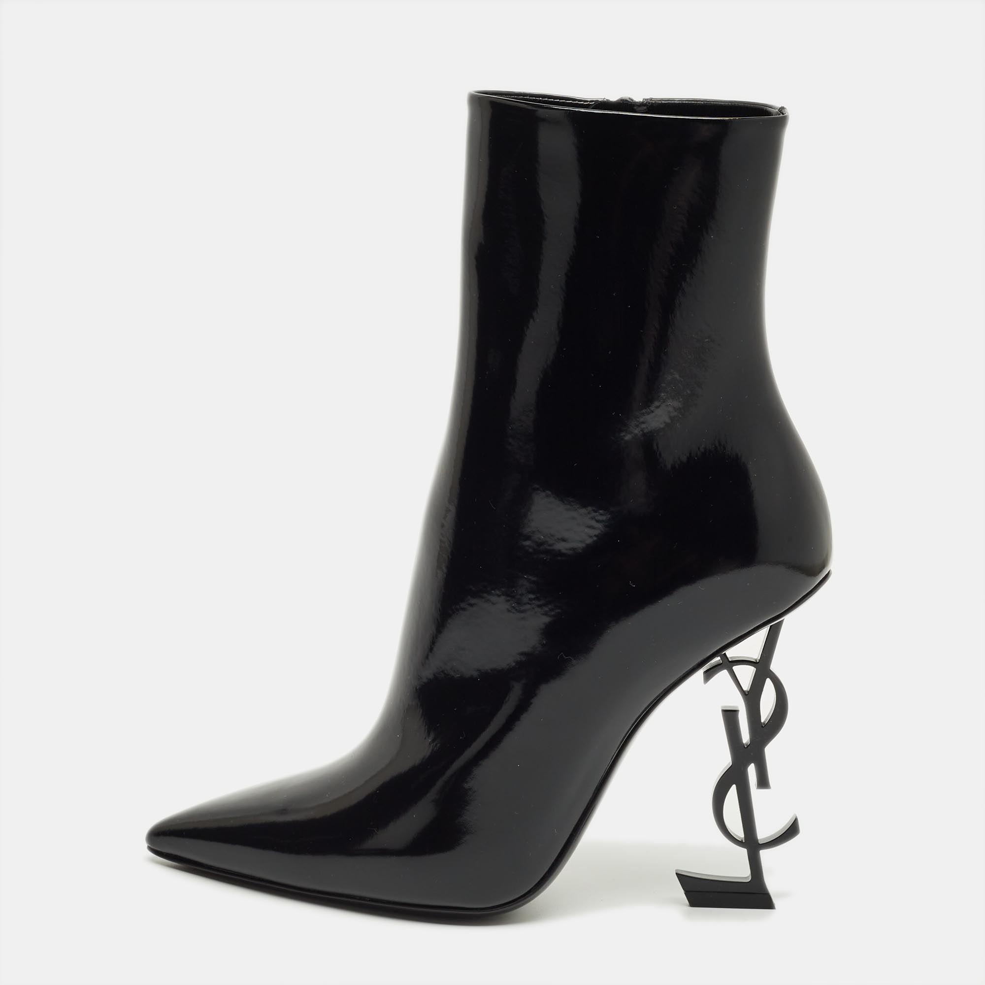 Saint Laurent Black Patent Leather Opyum Pointed Toe Ankle Boots Size 39, Boots - Luxury Closet