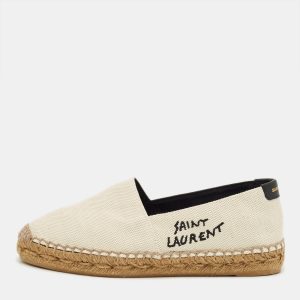 Saint Laurent Cream Canvas Logo Embroidered Slip On Espadrille Flats Size 34, Flats - Luxury Closet