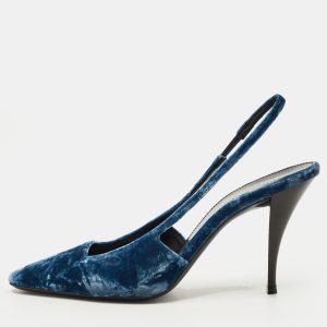 Saint Laurent Size 38.5 Navy Blue Velvet Slingback Pumps, Pumps - Luxury Closet