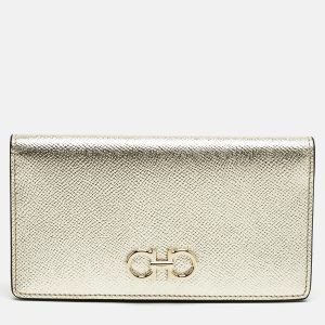 Salvatore Ferragamo Gold Leather Gancini Long Wallet, Wallets & Money Clips - Luxury Closet