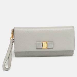 Salvatore Ferragamo Grey Leather Camy Wristlet Clutch, Clutches & Special Occasion Bags - Luxury Closet