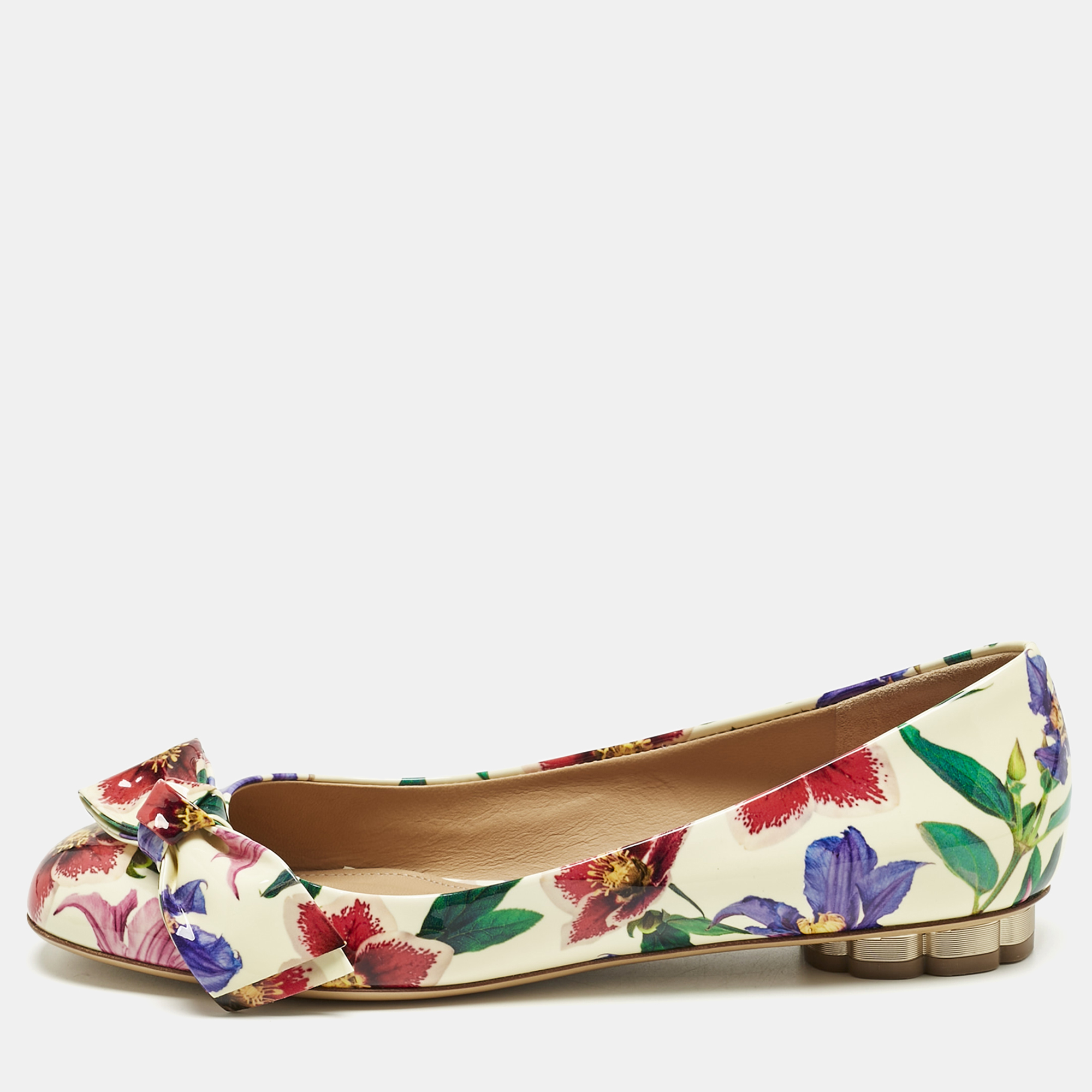 Salvatore Ferragamo Multicolor Patent Leather Floral Avola Ballet Flats Size 37, Flats - Luxury Closet