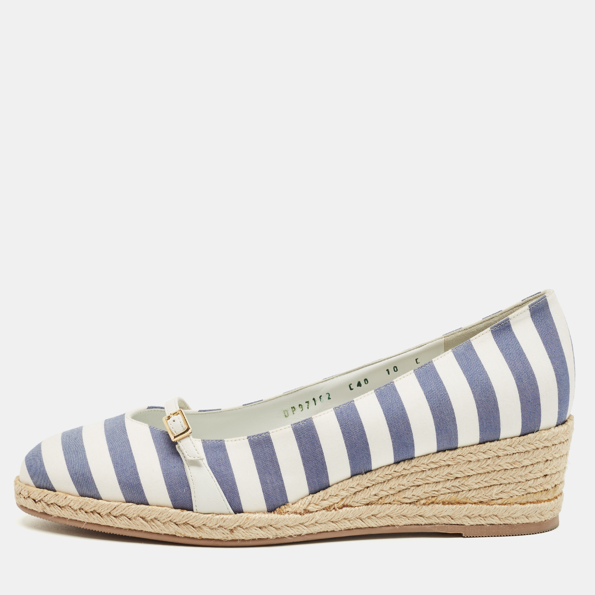 Salvatore Ferragamo Blue/White Striped Fabric Audrey Wedge Espadrille Pumps Size 40.5, Pumps - Luxury Closet