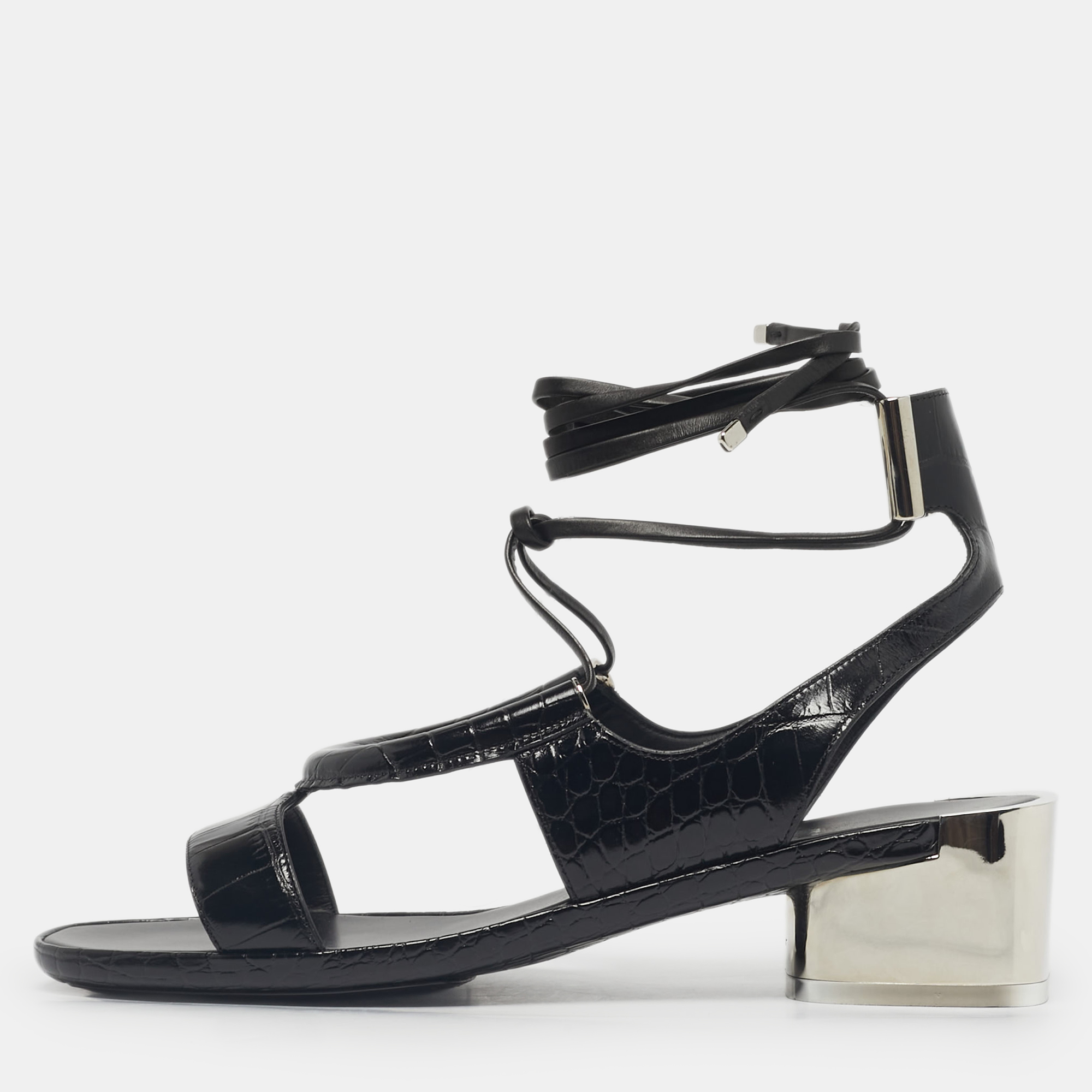 Salvatore Ferragamo Black Croc Embossed Leather Glorja Sandals Size 39, Sandals - Luxury Closet