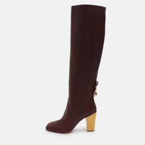 Salvatore Ferragamo Burgundy Leather Blavy Knee Length Boots Size 38.5, Boots - Luxury Closet