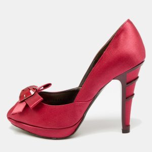 Salvatore Ferragamo Burgundy Satin Crystal Embellished Peep Toe Pumps Size 37, Pumps - Luxury Closet