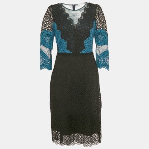 Sandro Teal/Black Lace Midi Dress L, Dresses - Luxury Closet