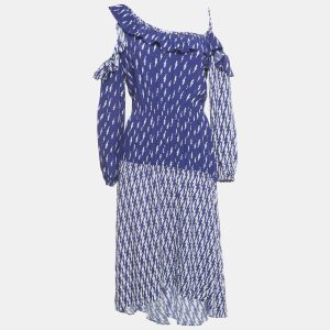 Sandro Blue Lightning Bolt Print Crepe Cold Shoulder Midi Dress S, Dresses - Luxury Closet