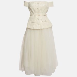 Self-Portrait Cream Boucle Sequin Embellished Tulle Midi Dress M, Dresses - Luxury Closet