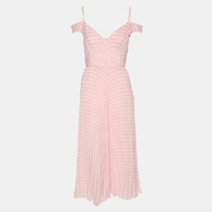 Self-Portrait Pink Gingham Print Chiffon Pleated Midi Dress M, Dresses - Luxury Closet