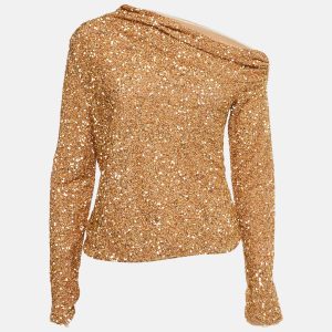 Self-Portrait Gold Sequin Asymmetric Top M, Shirts & Tops - Luxury Closet
