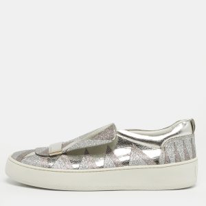 Sergio Rossi Blair Size 41 Silver Glitter and Leather Slip On Sneakers, Athletic Shoes & Sneakers - Luxury Closet
