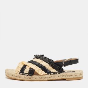 Sergio Rossi Beige/Black Raffia and Leather Kauai Espadrille Sandals Size 41, Sandals - Luxury Closet