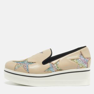 Stella McCartney Beige Faux Leather and Glitter Binx Star Platform Slip On Sneakers Size 39, Athletic Shoes & Sneakers - Luxury Closet