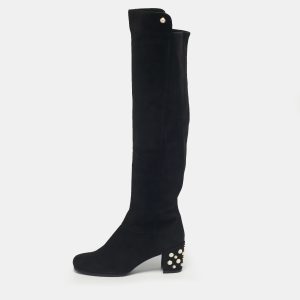 Stuart Weitzman Black Suede Pearl Studded Knee Length Boots Size 39, Boots - Luxury Closet