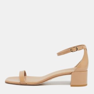 Stuart Weitzman Beige Leather Bambina Block Heel Ankle Strap Sandals Size 40, Sandals - Luxury Closet