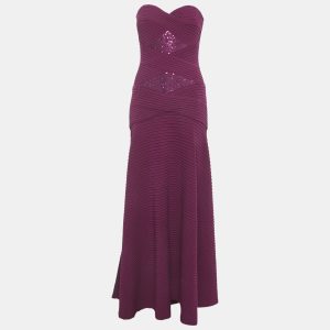 Tadashi Shoji Burgundy Sequin Embellished Jersey Strapless Gown XS, Dresses - Luxury Closet