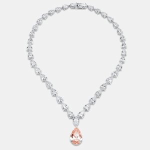 66.09 Cts Pink Pear 18K White Gold Lab Grown Diamonds Necklace, Necklaces - Luxury Closet