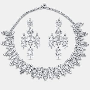 55.46 Cts Marquise Round Emerald 18K White Gold Lab Grown Diamonds Necklace Set, Necklaces - Luxury Closet