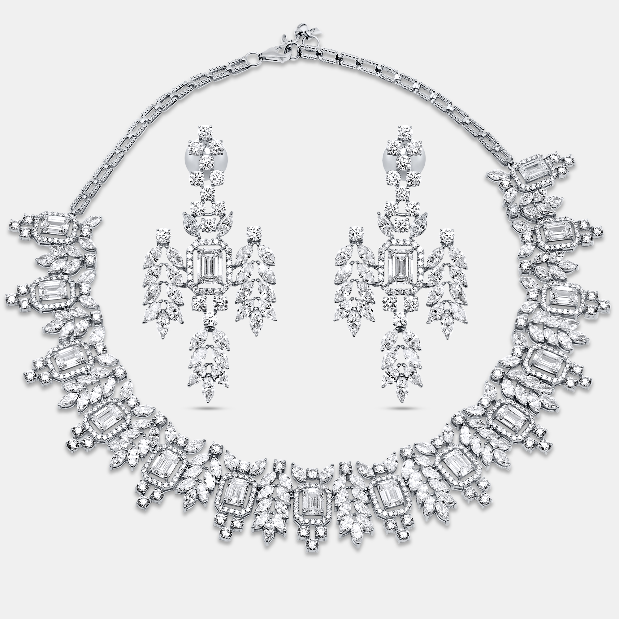 55.46 Cts Marquise Round Emerald 18K White Gold Lab Grown Diamonds Necklace Set, Necklaces - Luxury Closet