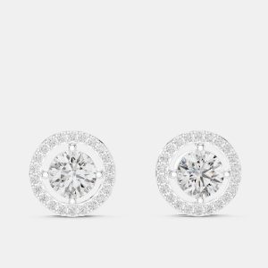 2.60 cts Round 18k White Gold Solitaire Lab Grown Diamond Single Halo Earrings, Earrings - Luxury Closet