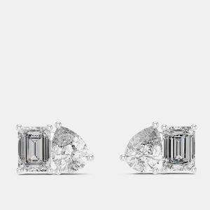 2.00 cts Pear Cut and Emerald Cut 18k White Gold Lab Grown Diamond Stud Earrings, Earrings - Luxury Closet