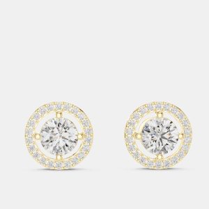 2.60 cts Round 18k Yellow Gold Solitaire Lab Grown Diamond Single Halo Earrings, Earrings - Luxury Closet