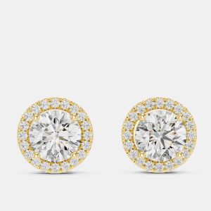 2.4 cts Round 18k Yellow Gold Solitaire Lab Grown Diamond Single Halo Earrings, Earrings - Luxury Closet