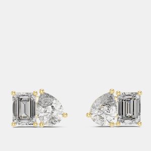 2.00 cts Pear Cut and Emerald Cut 18k Yellow Gold Lab Grown Diamond Stud Earrings, Earrings - Luxury Closet