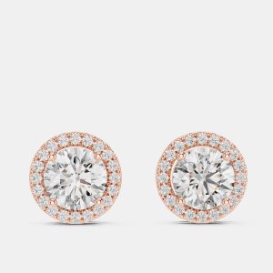 2.4 cts Round 18k Rose Gold Solitaire Lab Grown Diamond Single Halo Earrings, Earrings - Luxury Closet