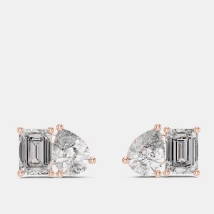 2.00 cts Pear Cut and Emerald Cut 18k Rose Gold Lab Grown Diamond Stud Earrings, Earrings - Luxury Closet