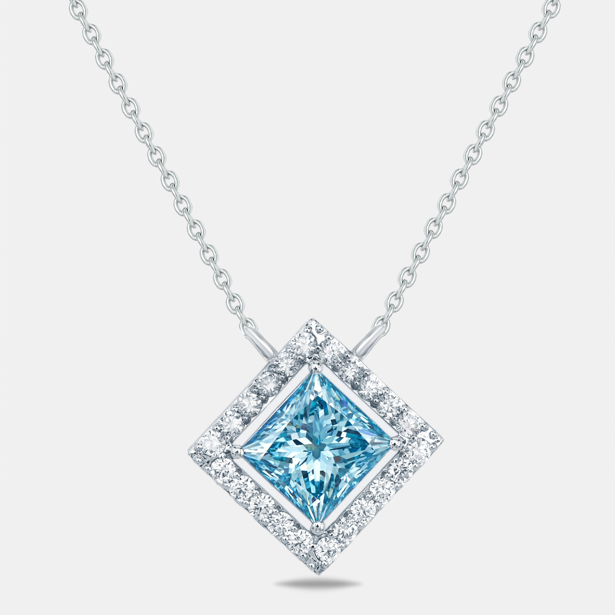 3.5 cts Blue Princess Round Lab Grown Diamond 18k White Gold Necklace, Necklaces - Luxury Closet