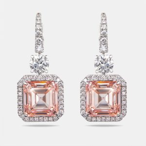 23.4 cts Pink Asscher Cut Round Lab Grown Diamonds 18k White Gold Earrings, Earrings - Luxury Closet